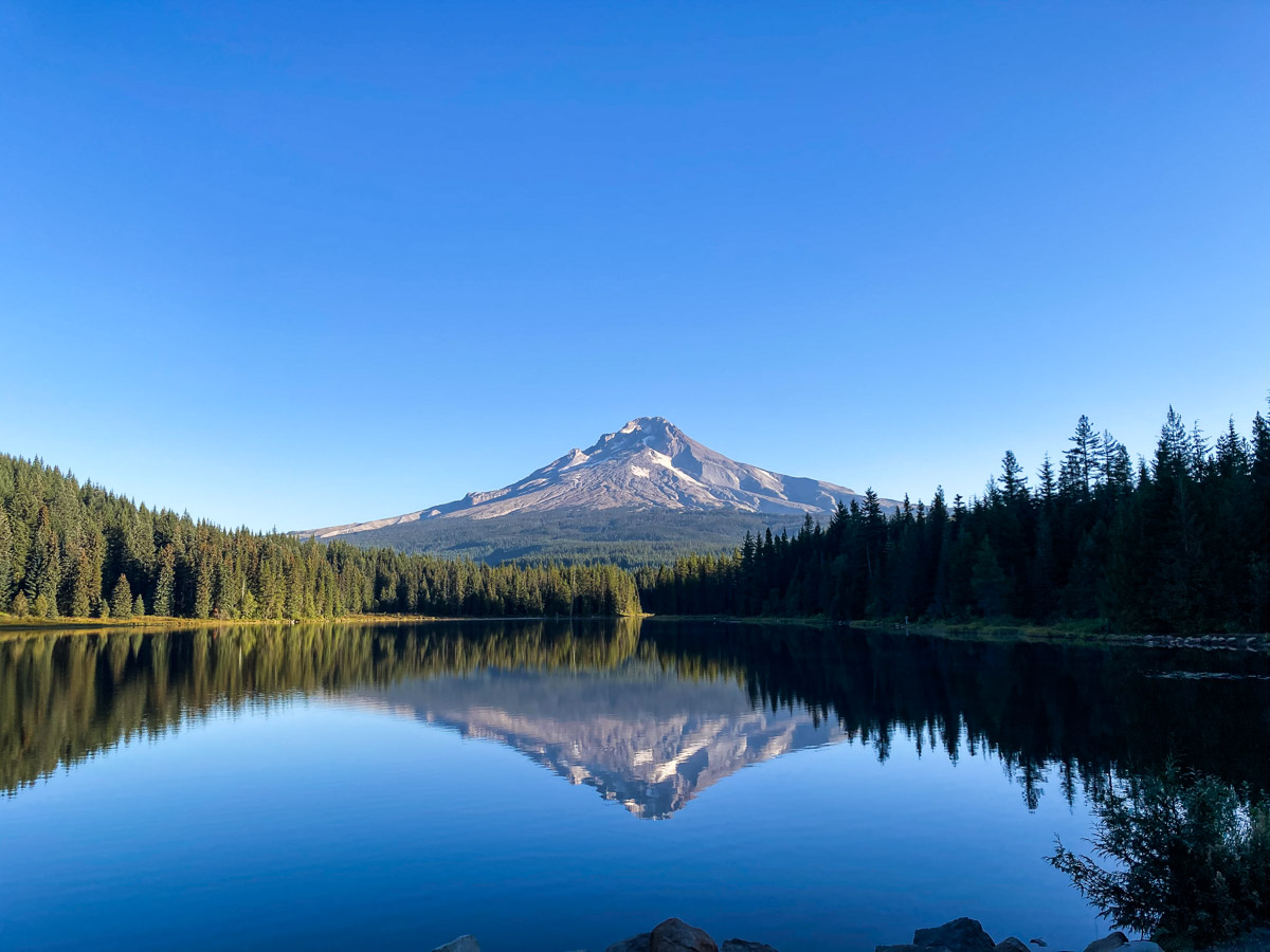 Trillium Lake with Mt. Hood in the background. A perfect, blue sky day.
